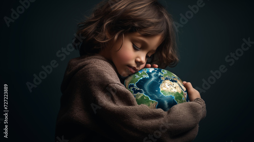 Young child hugging earth, save planet, earth day, sustainable living, ecology environment, climate emergency action, world environment day concept, illustration for global warming content