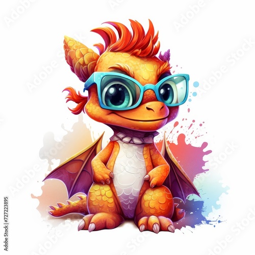 Cute dragon  dinosaur baby  wearing glasses and clothes  bright color.