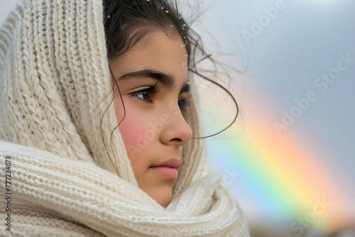 Whispered Dreams: a Young Girl With a White Scarf Embracing a Rainbow