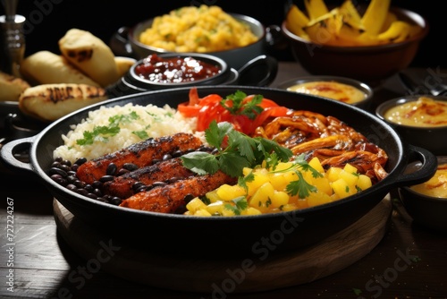 Sizzling sausages and sides in a cast-iron skillet on a wooden table photo