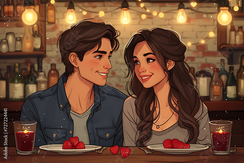 Romantic young couple while during dinner at dining table celebrating Valentine s Day