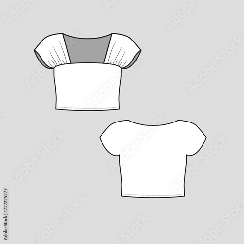 Square Neck Gathering crop Top armhole  gathering detail cropped Fashion T shirt top blouse flat sketch technical drawing template design vector