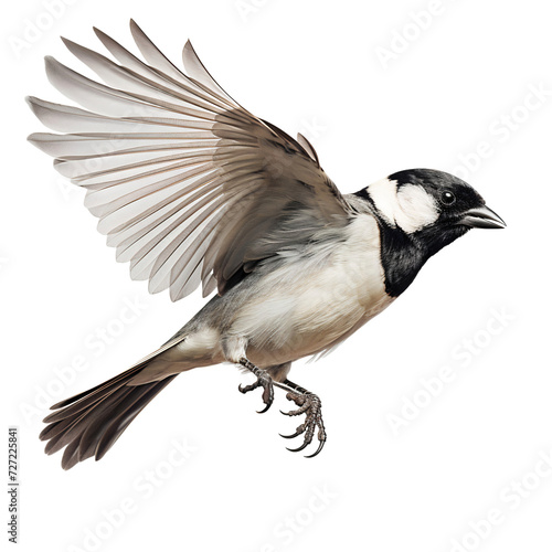 Black and white bird flying isolated on transparent background
