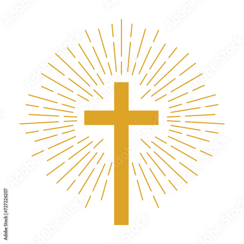 Church clipart, christian cross, icon, symbol, church logo, gold, retro, vintage, sun starburst, vector, template, isolated on white background for Ash Wednesday, Easter, Christmas, Holiday, cards