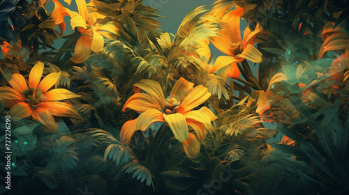 Yellow Lush Botanical Flowers and Leaves Background with Neon Luminescent Glow - Muted and Grainy Overlay Effect - Lemon Yellow 