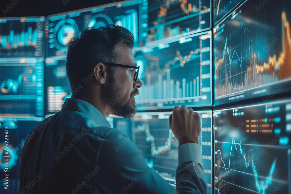 Close up shot of photography of a financial expert analyzing stock market trends, AI generate. Close up shot of photography of a financial expert analyzing stock market trends, AI generate.