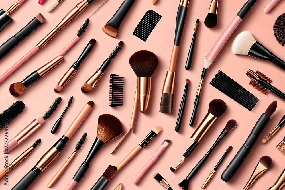 Makeup brush vector mockups of beauty cosmetics 3d design. Blush, eyeshadow and contour, eyebrow comb, foundation, concealer and bronzer, angle, fan and flat realistic brushes, make up artist kit - obrazy, fototapety, plakaty 