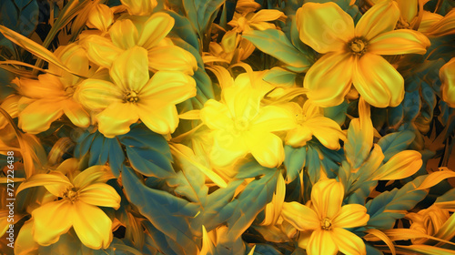 Yellow Lush Botanical Flowers and Leaves Background with Neon Luminescent Glow - Muted and Grainy Overlay Effect - Lemon Yellow 