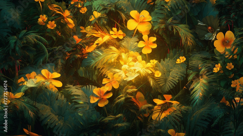 Yellow Lush Botanical Flowers and Leaves Background with Neon Luminescent Glow - Muted and Grainy Overlay Effect - Lemon Yellow 