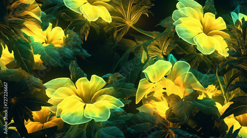 Yellow Lush Botanical Flowers and Leaves Background with Neon Luminescent Glow - Muted and Grainy Overlay Effect - Lemon Yellow 