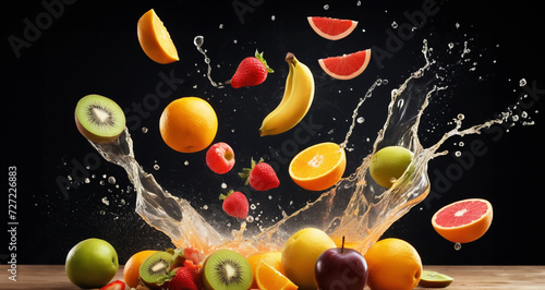 esplosione di frutti freschi e colorati con schizzi d'acqua su sfondo scuro photo