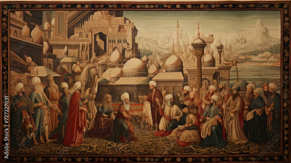 An ancient painting portraying the Khalifa or Muslim sultan, exuding power and authority in its depiction.