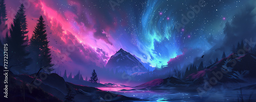 An otherworldly aurora borealis pulsating with psychedelic colors, illuminating a mystical landscape. photo