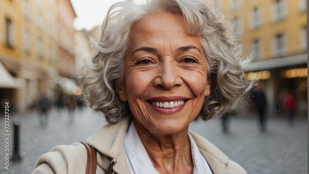 Smiling elderly mixed-race woman with curly gray hair enjoying a day out in a historic European city, wearing a cream coat.