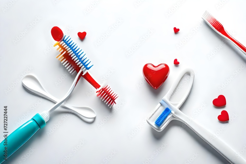 Dental health concept with toothbrush tube and toothpaste heart on white table detail. Horizontal composition. Top view Dental health concept with toothbrush tube and toothpaste heart on white table detail. Horizontal composition. Top view