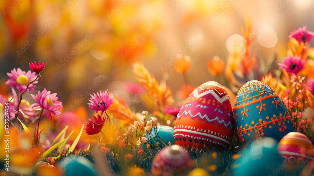 Colorful Easter Eggs in a Field of Flowers