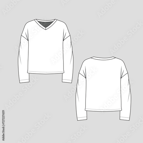 V Neck Drop Shoulder t shirt top Long Sleeve With Cuffs Fashion blouse flat sketch technical drawing template design vector