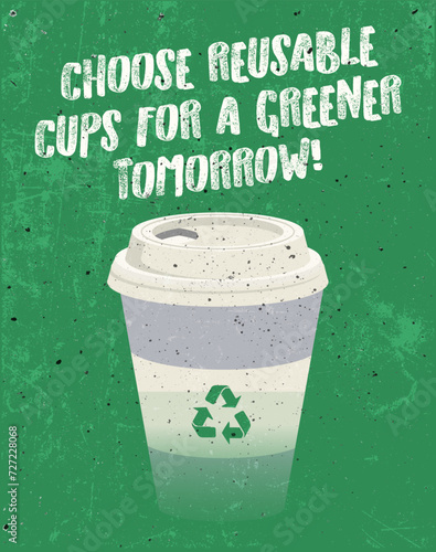 Reusable cup on a grunge-style green background presenting Sustainable Climate Visuals, with the slogan 'Choose Reusable Cups for a Greener Tomorrow.'