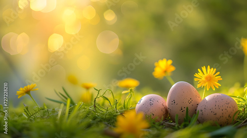 Three Eggs in the Grass With Daisies in the Background