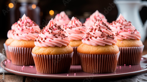 Cupcakes with a delicate cream of creamy pink glaze and colorful powder in the form of a cap. Generative AI.