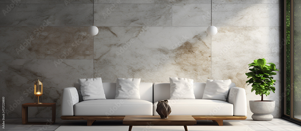 Wooden sofa wall in living room interior, modern design, mock up furniture decorative interior. AI Generative
