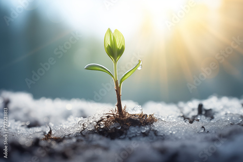 The arrival of spring with green sprout growing from ground and winter in background