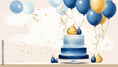 Cake with sparklers, blue and yellow balloons. Holiday card banner. Happy birthday