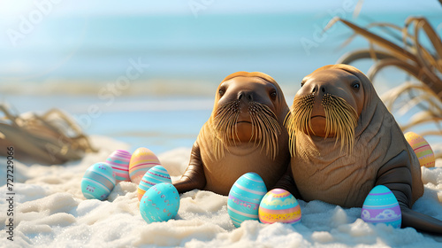 Two Sea Lions Sitting in the Sand With Easter Eggs