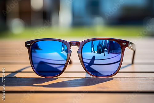 Sunglasses on a wooden bench in the city a pair of glasses on a wooden table Lifestyle shot of light-tinted transparent frame prescription glasses on Play of light and shadow. AI Generative