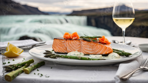 portion of smoked salmon steak and asparagus in a white plate on a white tablecloth in front of Icelandic waterfalls