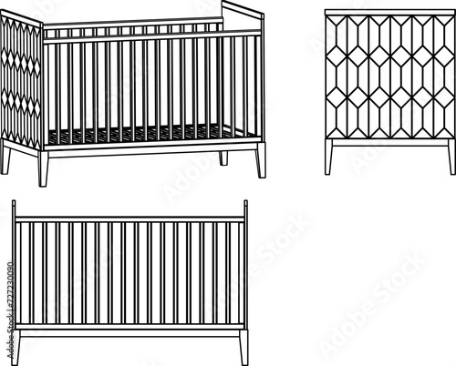 Vector. Baby cot design isolated on white background. Geometric ornament pattern on the side of the bed. Scandinavian style.