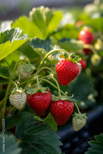 Strawberries on a strawberry plant on a strawberry plantation. Concept farm  agronomist  health  dessert  season  harvest  vitamins  berry  greenhouse  food  organic.
