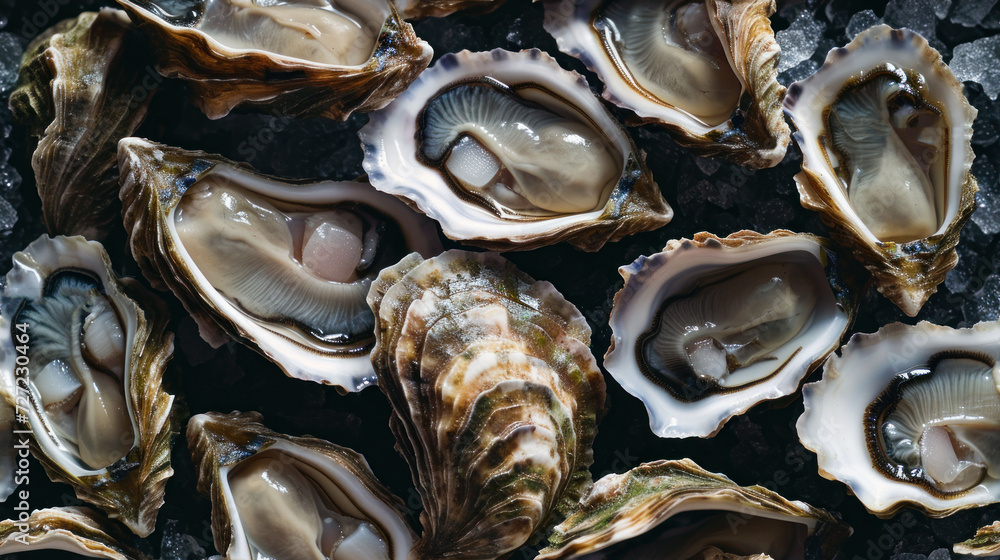 a group of oysters sitting on top of a pile of ice covered in a lot of brown and white shells on top of a counter top of a pile of ice. a group of oysters sitting on top of a pile of ice covered in a lot of brown and white shells on top of a counter top of a pile of ice.