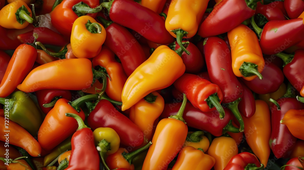  a pile of red, yellow, and green peppers with a green leafy stalk in the middle of the top of each of the peppers is a large pile.