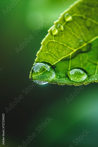 Water gives life. Closeup shot of a water droplet on a leaf. Background is blurred. Photo with copy space.