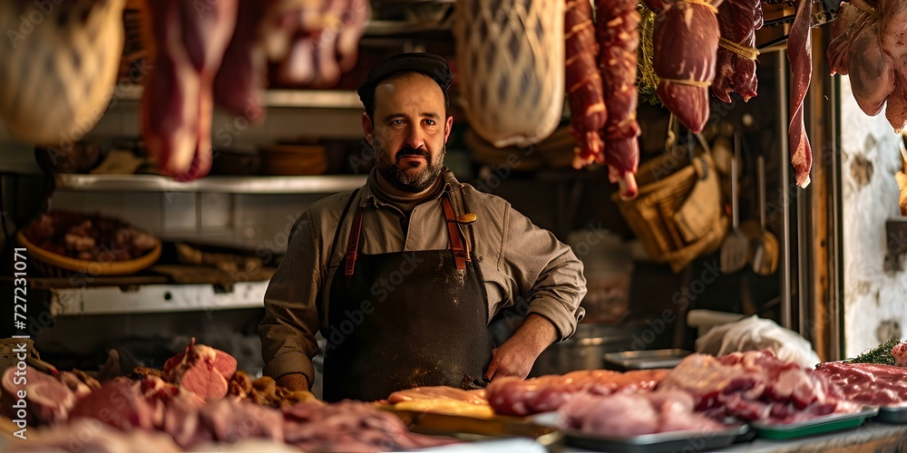 Traditional butcher shop display with artisan butcher. fresh cuts of ...