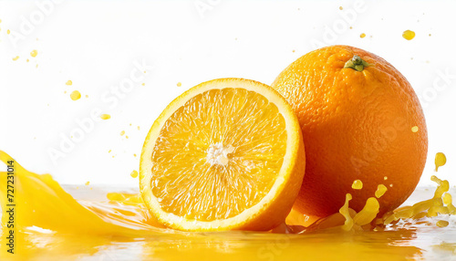 Splash of orange juice, flowing orange juice, orange, copyspace on the side