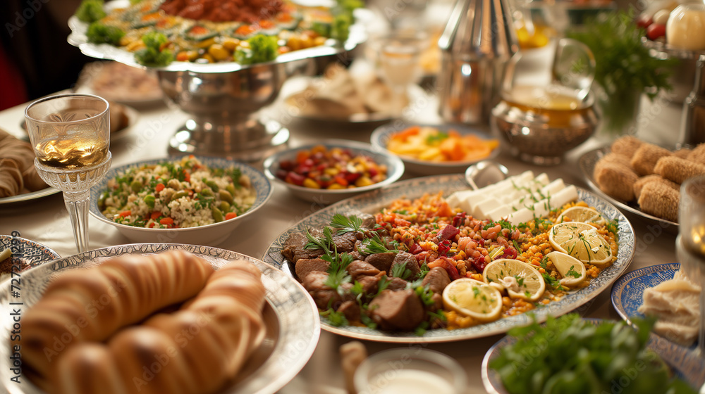 Many kinds of foods and appetizer on the dining table. Fasting concept with iftar table. Traditional foods.