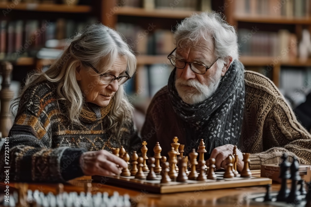 A tense match of strategic wits ensues as a man and woman engage in a fierce game of chess, their focused expressions and calculated moves mirroring the intense competition on the intricate chessboar - obrazy, fototapety, plakaty 