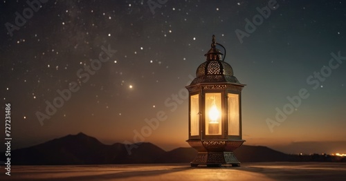 Traditional Islamic lanterns stand against a starry sky in the background. Signifies the coming of Ramadan.