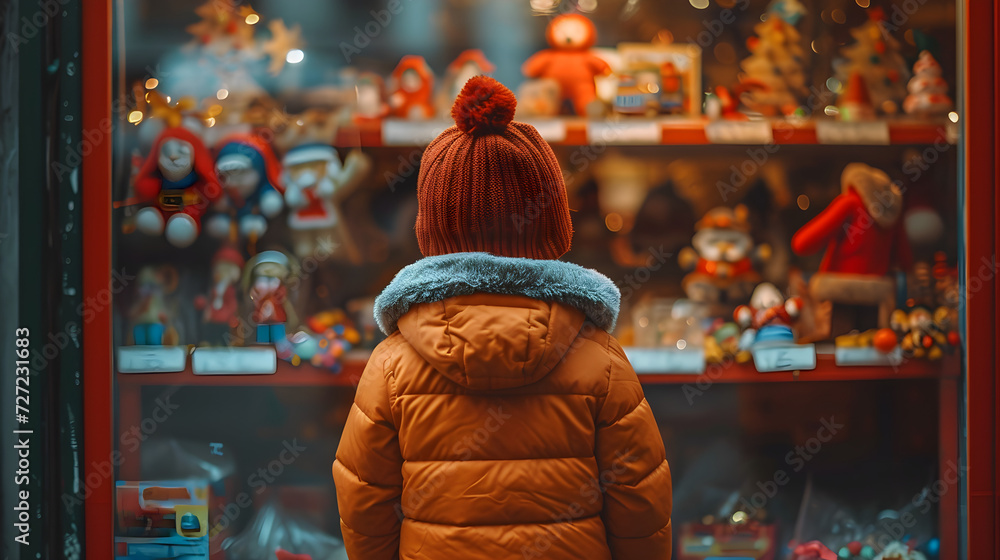 A child stands in front of a toy store shop and looking through the window on Christmas eve. A child stands in front of a toy store shop and looking through the window on Christmas eve.
