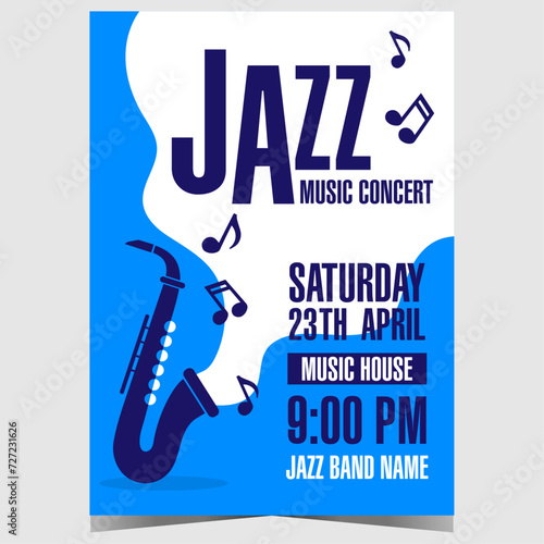Jazz music concert banner or poster with saxophone and musical notes. Vector design of leaflet, flyer or booklet suitable for a cultural festival, entertainment show or community event invitation.