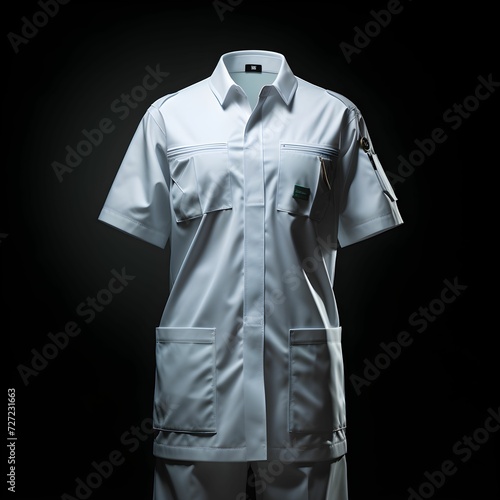 Medical uniforms and  hanging on rack against black background. Space for text photo