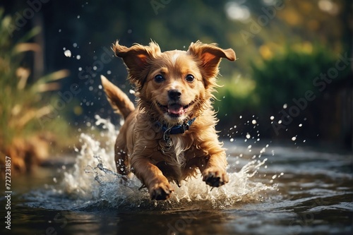 playful happy pet dog puppy running in water © RIDA BATOOL