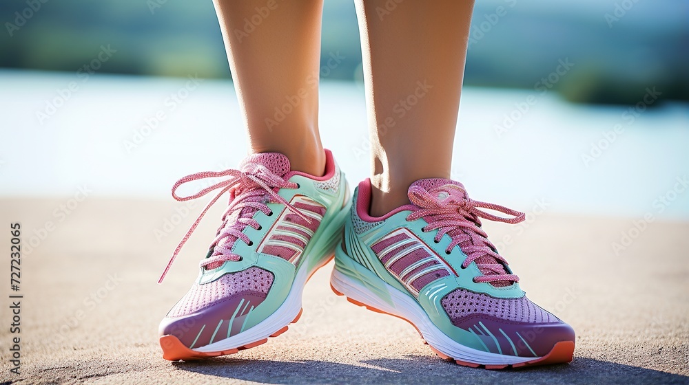young sport wearing shoes outdoors. Sneakers on woman's feet close up, training in stadium at sunrise young sport wearing shoes outdoors. Sneakers on woman's feet close up, training in stadium at sunrise
