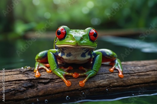 red-eyed tree frogs sitting on a wood in water 