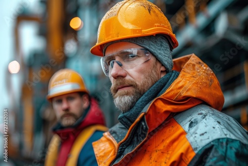A hardworking blue-collar worker wearing high-visibility orange workwear and a protective hard hat walks confidently through the bustling streets of a construction site, embodying determination and s