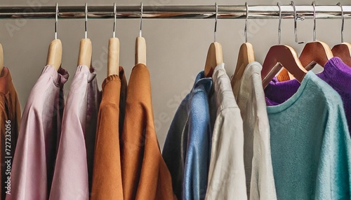banner crop for copyspace texture for text of clothing rack clothes hanging on hangers in home closet or shopping mall for store sale concept colorful outfits collection panorama ad