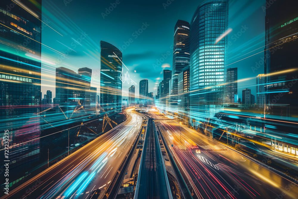 An image capturing the essence of urban dynamism with streaking traffic lights and digital connectivity graphics overlaying a modern cityscape.
