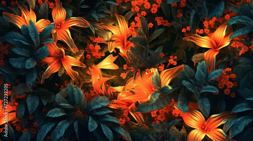 Orange Lush Botanical Flowers and Leaves Background with Neon Luminescent Glow - Muted and Grainy Overlay Effect